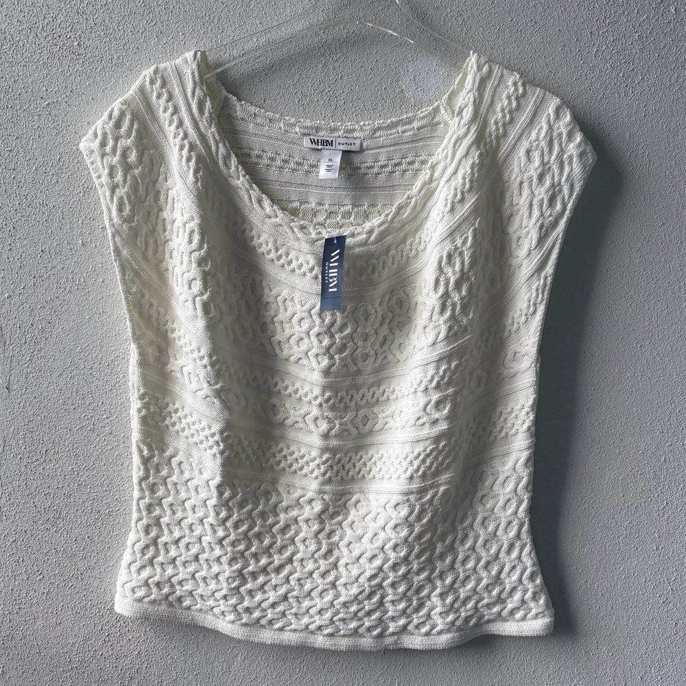 WHBM XL Ecru Top Cap Sleeves Cable Knit Design NWT Office Career Party Cruise - Picture 1 of 12